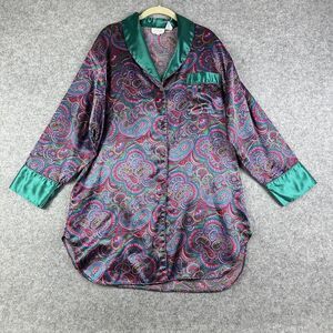VTG Go Softly Satin Sleep Shirt Womens Medium Purple Green Floral Paisley Button